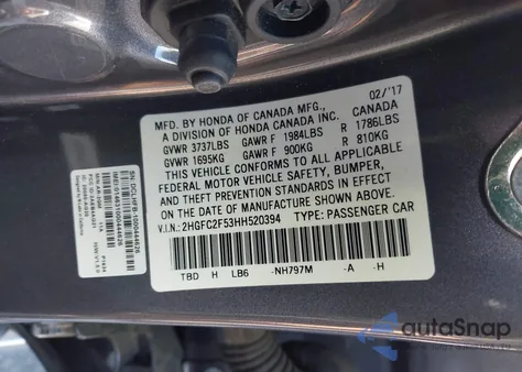 2017 Honda Civic Lx из США, поврежденный, VIN 2HGFC2F53HH520394